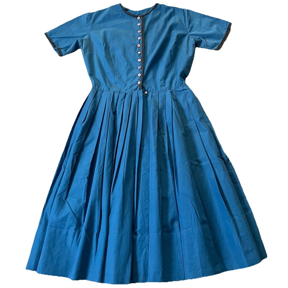 60s 70s Handmade Pleated A-Line Dress Sz 6 Teal Blue Black Trim Buttons Classic - Picture 4 of 10